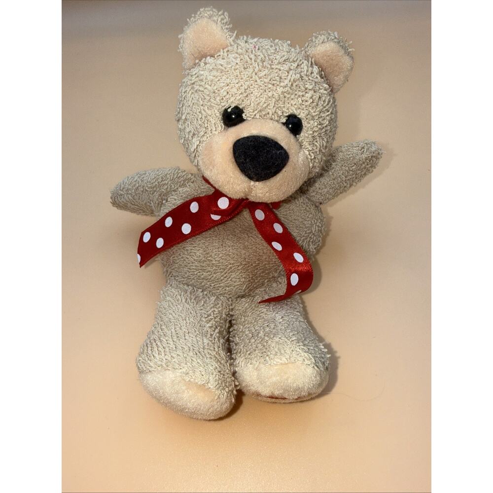 Figis Teddy Bear Plush Beanie Stuffed Animal 7” Beige Curly Red Heart